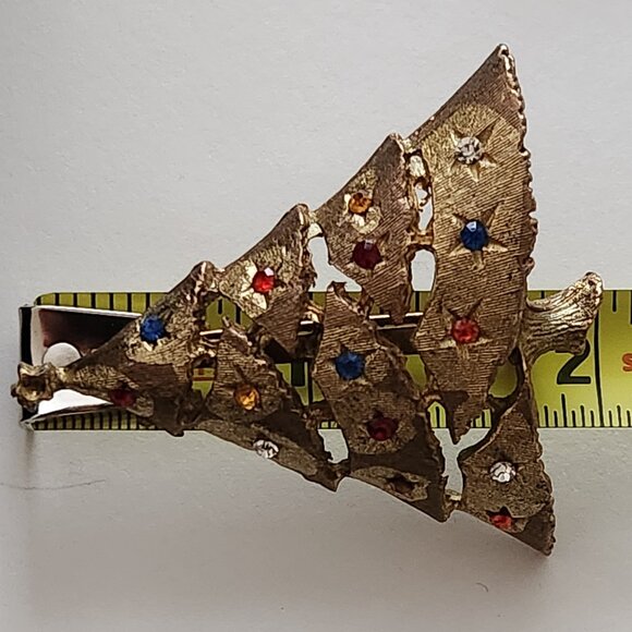 Vintage Christmas Tree Brooch Gold-Tone Metal Colored Rhinestones - Picture 4 of 6